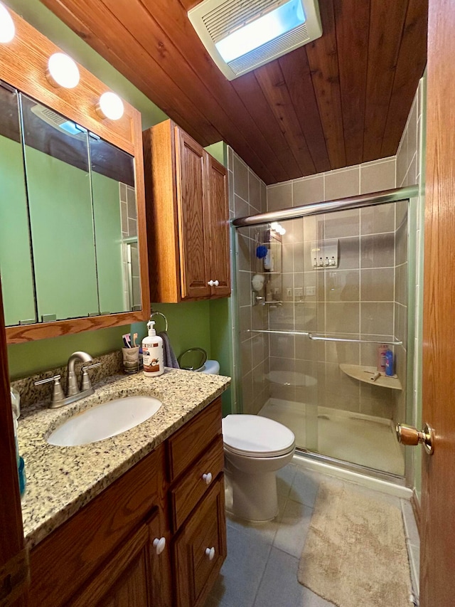 bathroom with toilet, an enclosed shower, tile patterned floors, vanity, and wood ceiling