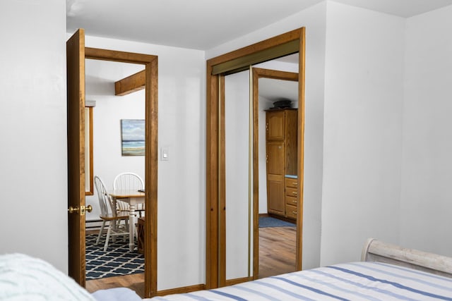 bedroom featuring light hardwood / wood-style flooring and a closet