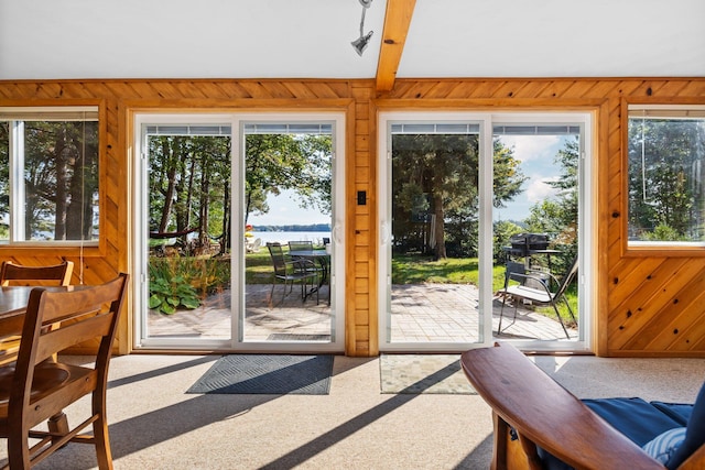 doorway to outside featuring beam ceiling, wooden walls, a water view, and a healthy amount of sunlight