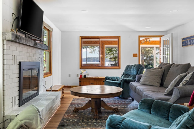 living room with wood-type flooring and a fireplace