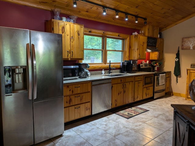 kitchen with wood ceiling, light tile patterned floors, stainless steel appliances, and sink