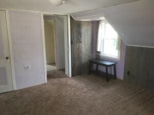 bonus room featuring lofted ceiling and dark carpet