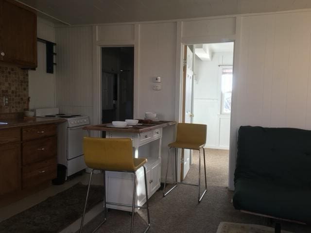 kitchen with white range and dark colored carpet