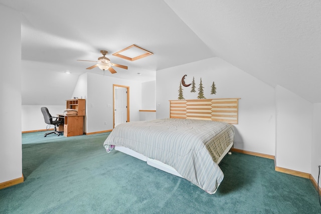 carpeted bedroom featuring lofted ceiling and ceiling fan