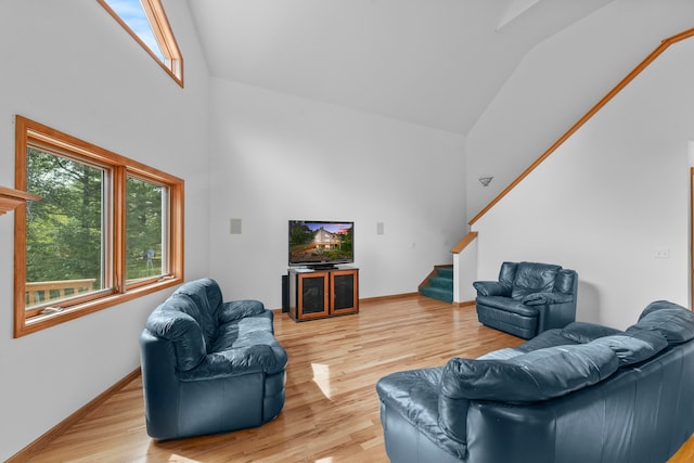 living room featuring high vaulted ceiling and hardwood / wood-style floors