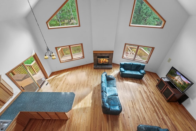 living room with a healthy amount of sunlight, hardwood / wood-style floors, high vaulted ceiling, and a fireplace