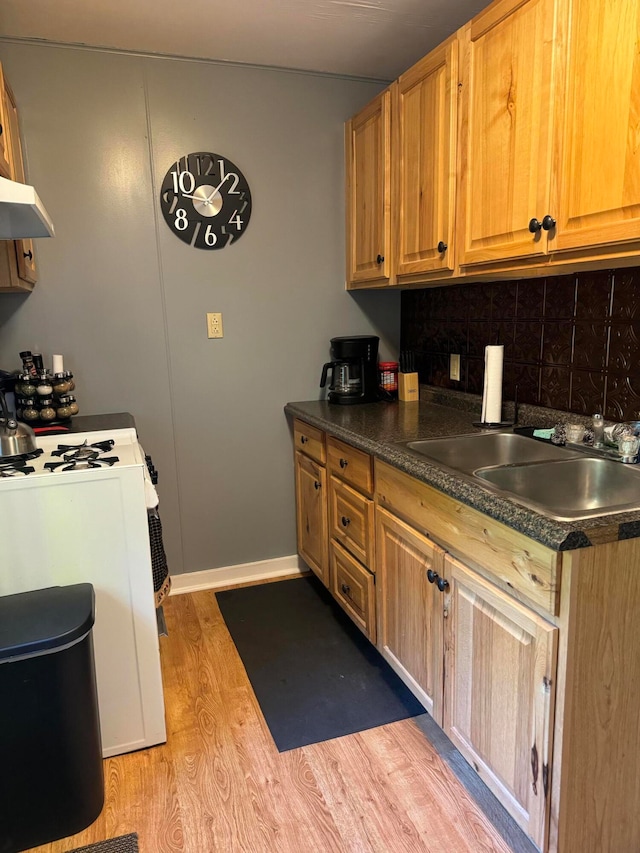 kitchen featuring white range oven, backsplash, light wood-type flooring, ventilation hood, and sink