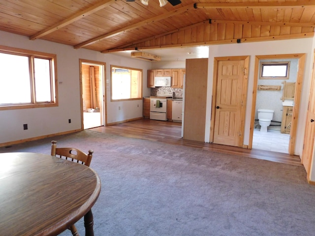 living room with lofted ceiling with beams, light hardwood / wood-style flooring, and wooden ceiling