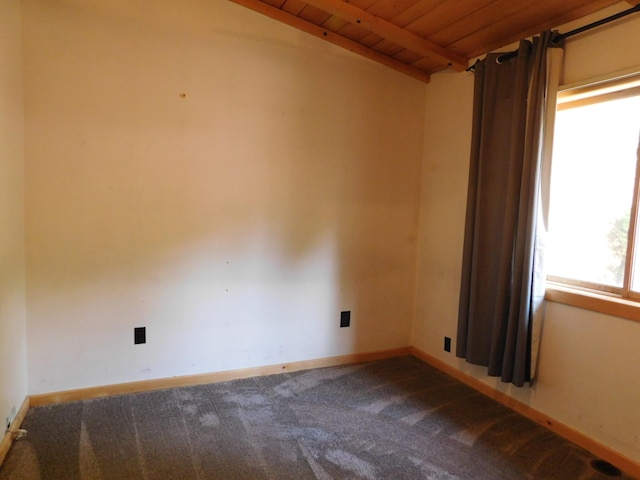 unfurnished room featuring carpet, lofted ceiling, and wooden ceiling