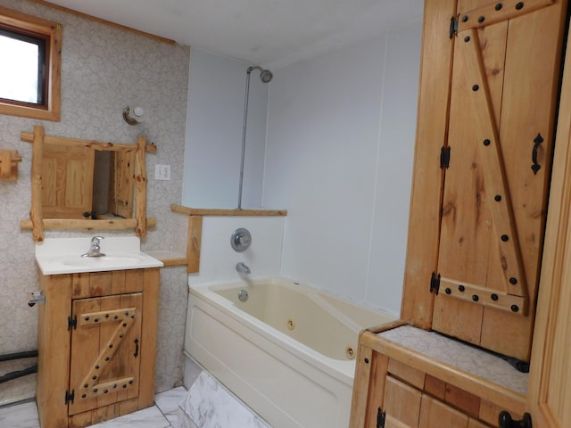 bathroom with vanity and  shower combination