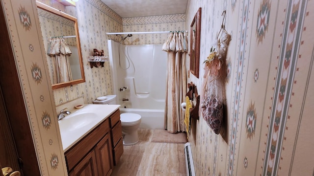 full bathroom with vanity, a baseboard radiator, toilet, and shower / bathtub combination with curtain