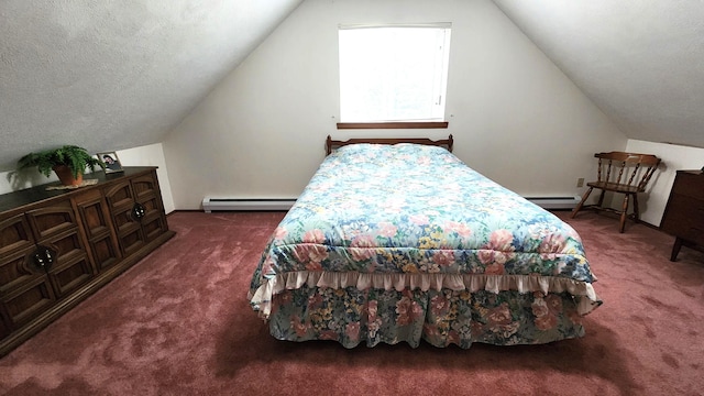 carpeted bedroom featuring a textured ceiling, vaulted ceiling, and a baseboard radiator