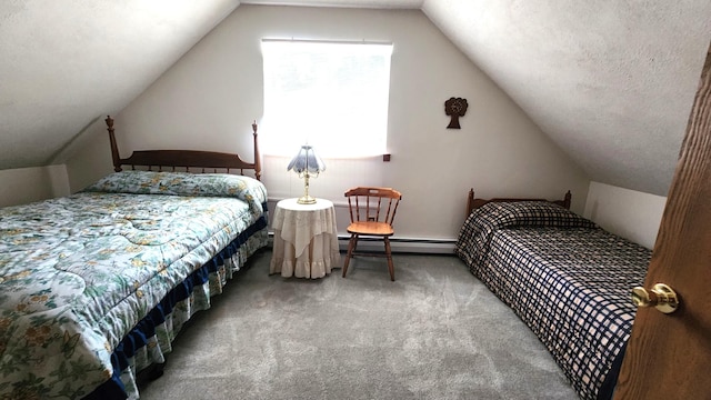 bedroom with a textured ceiling, lofted ceiling, baseboard heating, and carpet