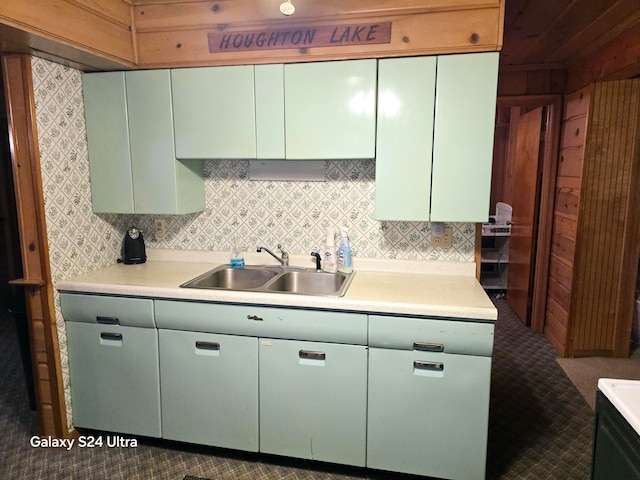 kitchen with wood walls, sink, and tasteful backsplash