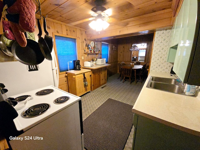 kitchen with wood ceiling, white appliances, wood walls, ceiling fan, and sink