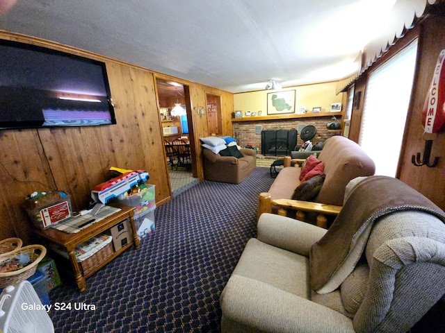 carpeted living room featuring wood walls