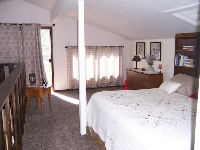 carpeted bedroom featuring lofted ceiling and multiple windows