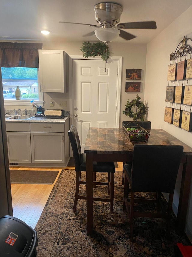 dining room featuring ceiling fan, sink, and dark wood-type flooring