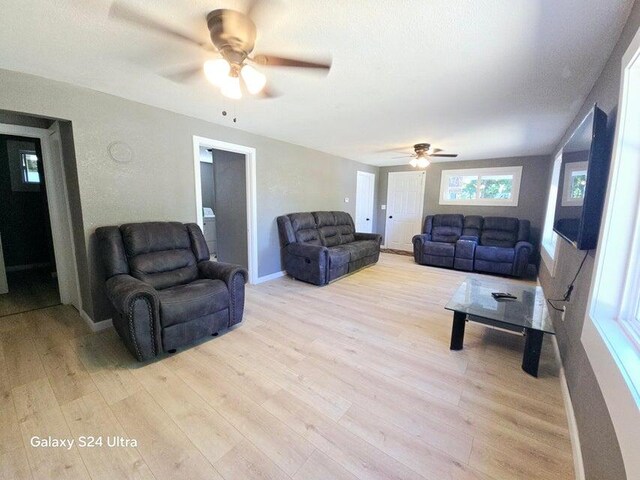 living room featuring light hardwood / wood-style flooring and ceiling fan