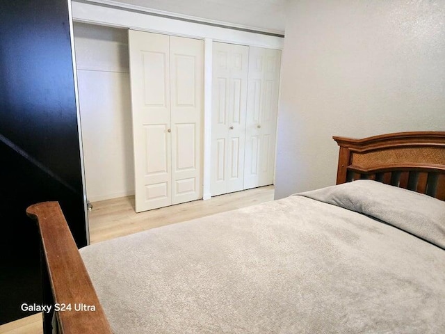 bedroom with multiple closets and hardwood / wood-style floors