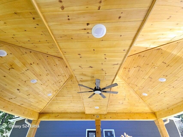 interior details featuring wooden ceiling and ceiling fan