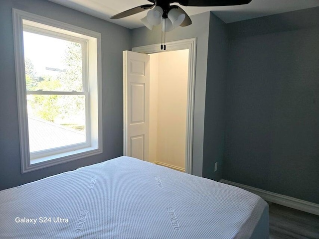 bedroom featuring ceiling fan and wood-type flooring