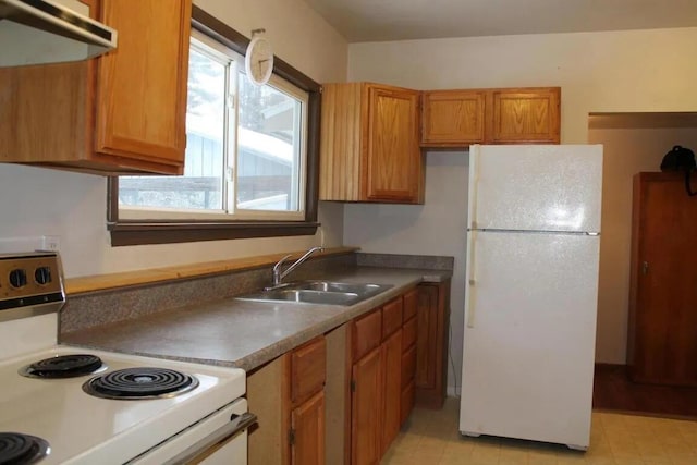 kitchen featuring white appliances, sink, and range hood