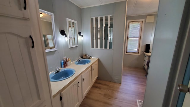 bathroom featuring vanity and hardwood / wood-style flooring