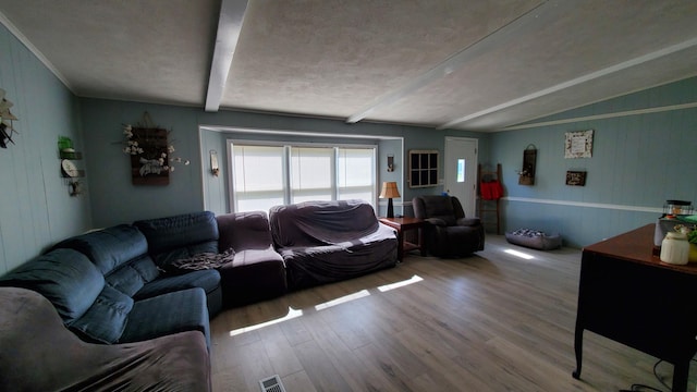 living room featuring a textured ceiling, light wood-type flooring, and lofted ceiling with beams