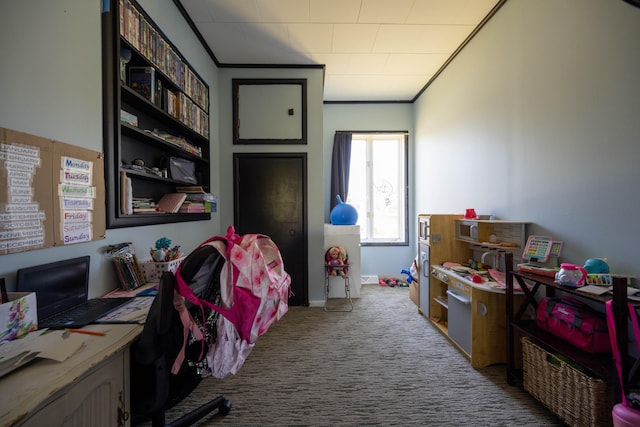 carpeted office with crown molding