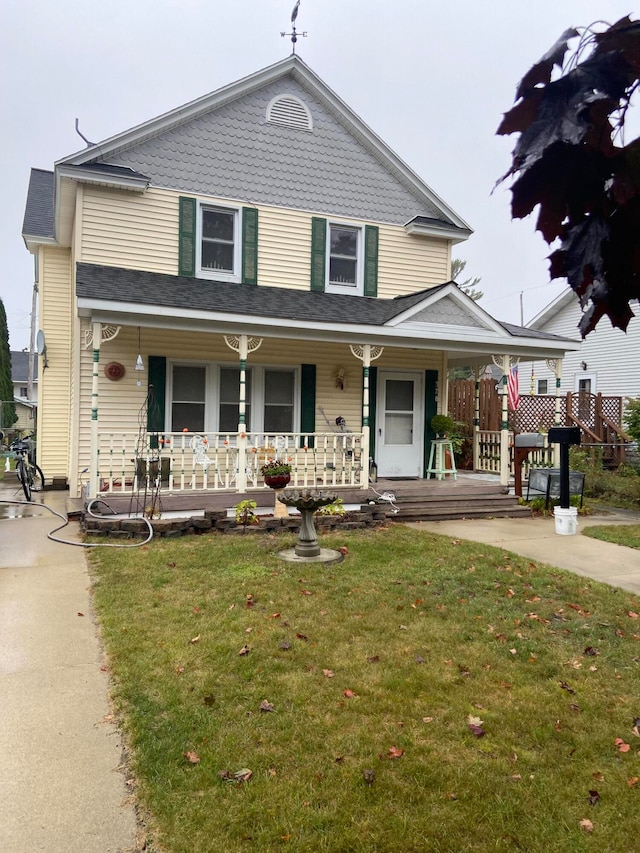 view of front facade with a front yard and covered porch