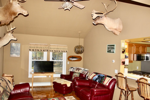 living room featuring parquet floors, vaulted ceiling, and ceiling fan