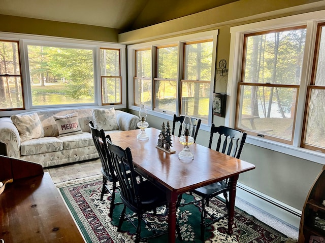 dining room featuring a baseboard radiator, lofted ceiling, and a healthy amount of sunlight