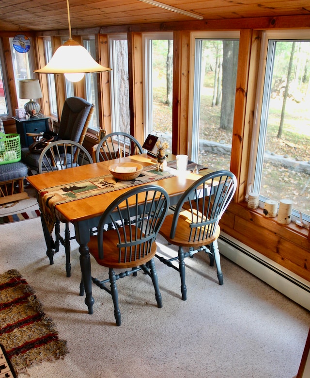 carpeted dining room featuring wooden ceiling and a baseboard radiator