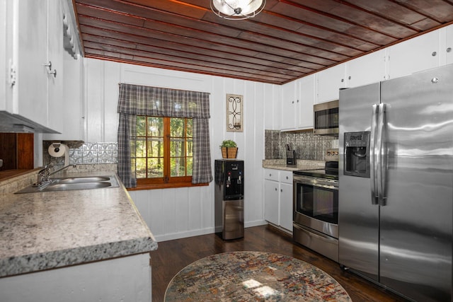 kitchen with white cabinetry, sink, dark wood-type flooring, decorative backsplash, and appliances with stainless steel finishes