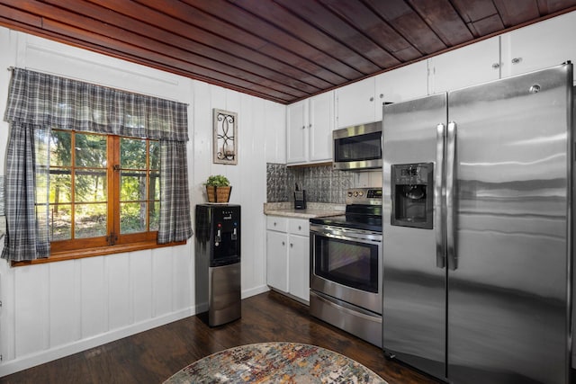 kitchen with appliances with stainless steel finishes, tasteful backsplash, wood ceiling, dark hardwood / wood-style floors, and white cabinetry