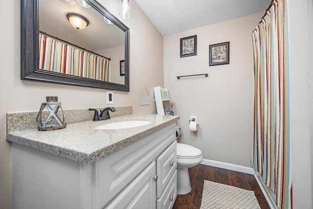 bathroom with vanity, toilet, and wood-type flooring