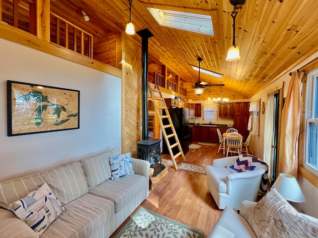 living room with light hardwood / wood-style floors, wood ceiling, a wood stove, lofted ceiling with skylight, and wooden walls