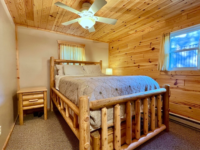 bedroom with wooden walls, carpet, crown molding, ceiling fan, and wooden ceiling