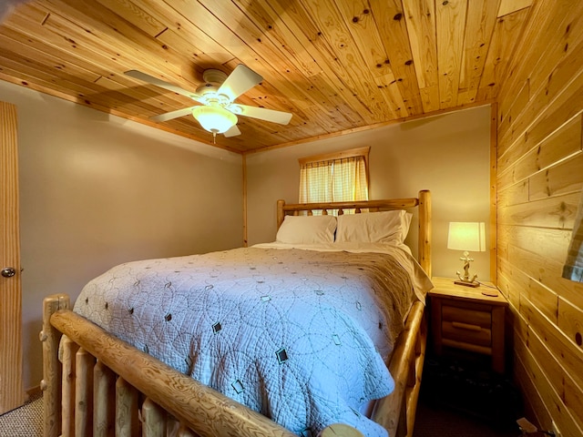 bedroom featuring ceiling fan, wood ceiling, and wood walls