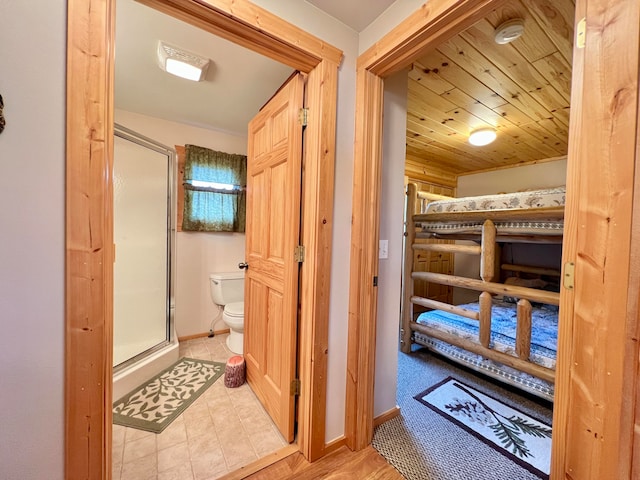 bedroom with wood ceiling and connected bathroom