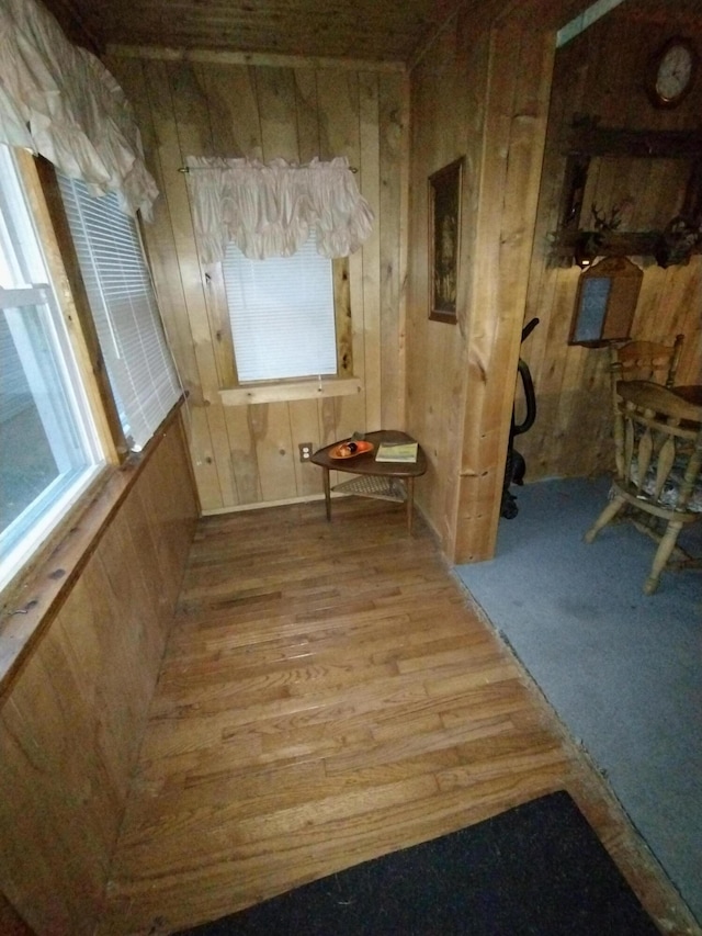 interior space with wood walls and light hardwood / wood-style floors