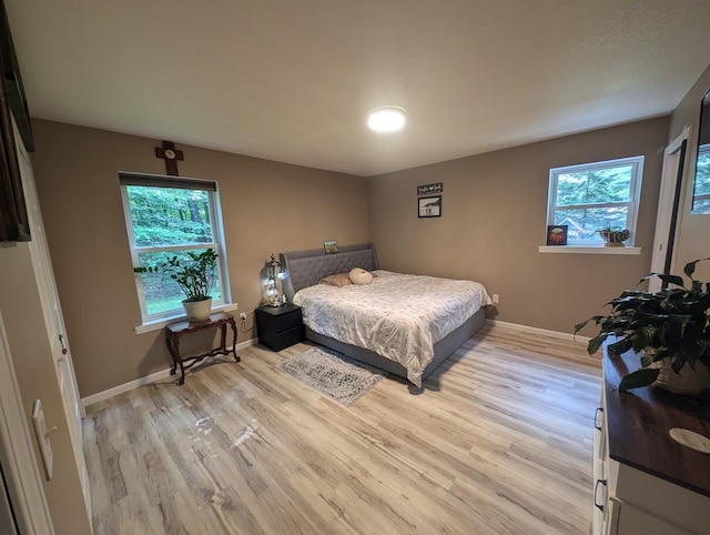 bedroom featuring light hardwood / wood-style floors and multiple windows