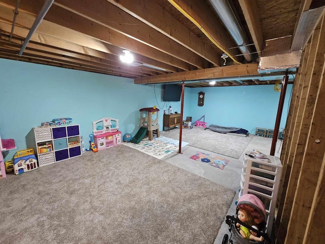 basement featuring carpet flooring