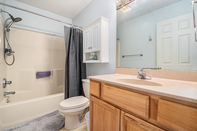 bathroom featuring shower / tub combo with curtain, vanity, and toilet