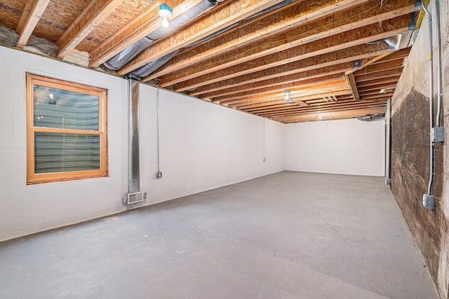 unfinished basement with concrete block wall