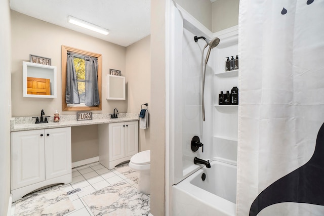 full bathroom featuring vanity, toilet, and shower / bathtub combination with curtain