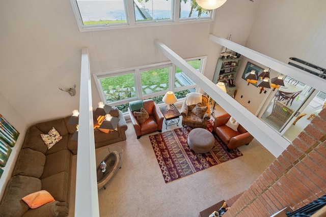 living room with carpet flooring, a high ceiling, and a healthy amount of sunlight