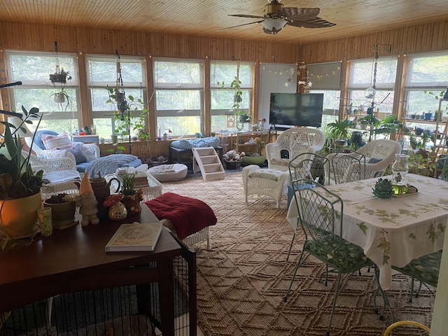 interior space with ceiling fan, wood ceiling, and a wealth of natural light