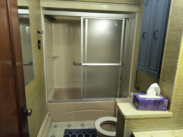 bathroom with bath / shower combo with glass door, baseboard heating, tile patterned flooring, and toilet